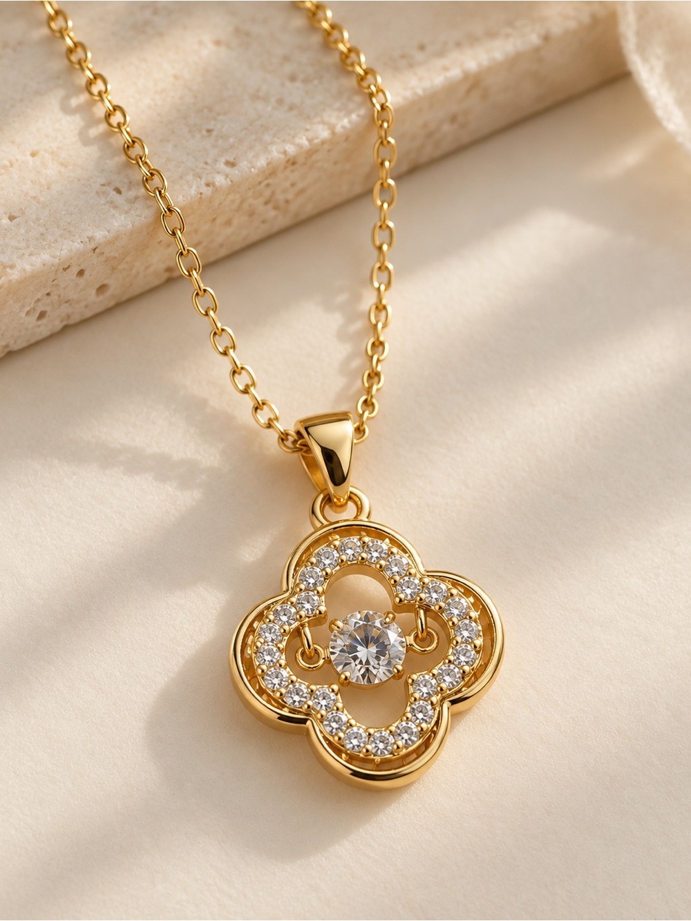 18k Gold Plated Clover Pendant Necklace with Clear Cubic Zirconia